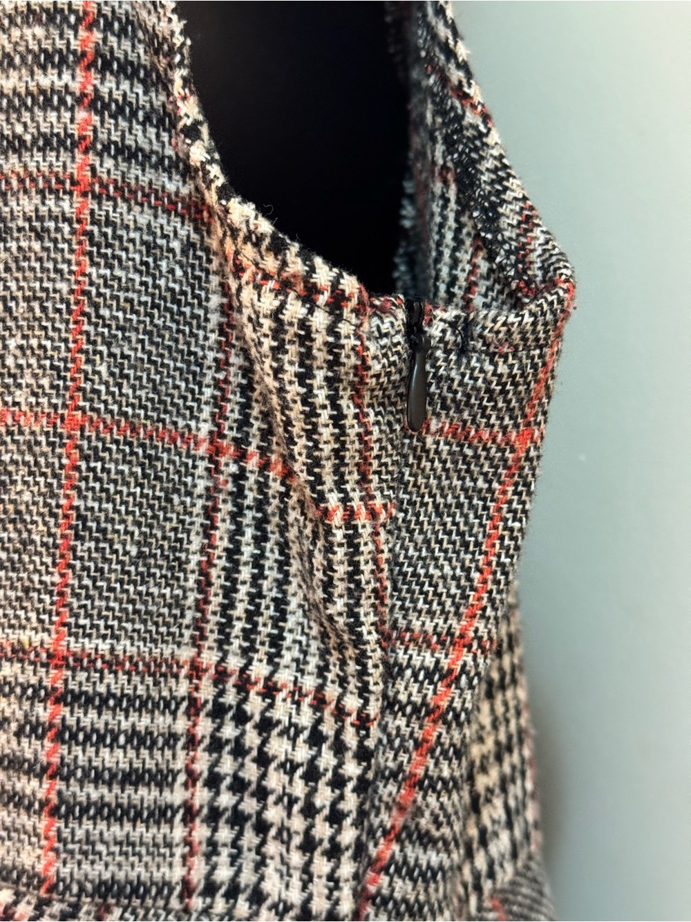 Glen Plaid V-Neck Sleeveless Pinafore Midi Dress Grey Orange M Fall Layering - Picture 9 of 11